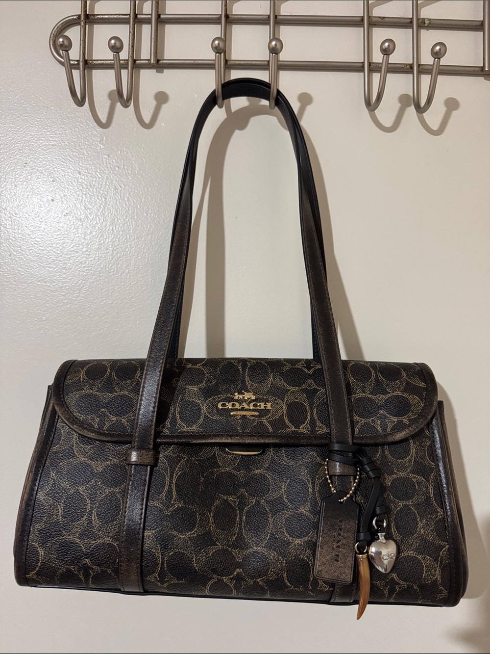 Coach Brown and Black Signature Shoulder Bag